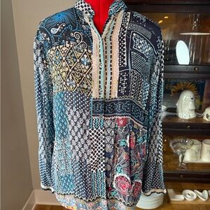 Shana Patchwork Boho Tunic Top | Multicolor Print Blouse | Size L